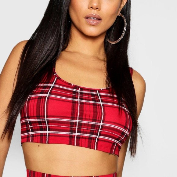 Red black gray plaid crop top cami Tank Top - Picture 7 of 7